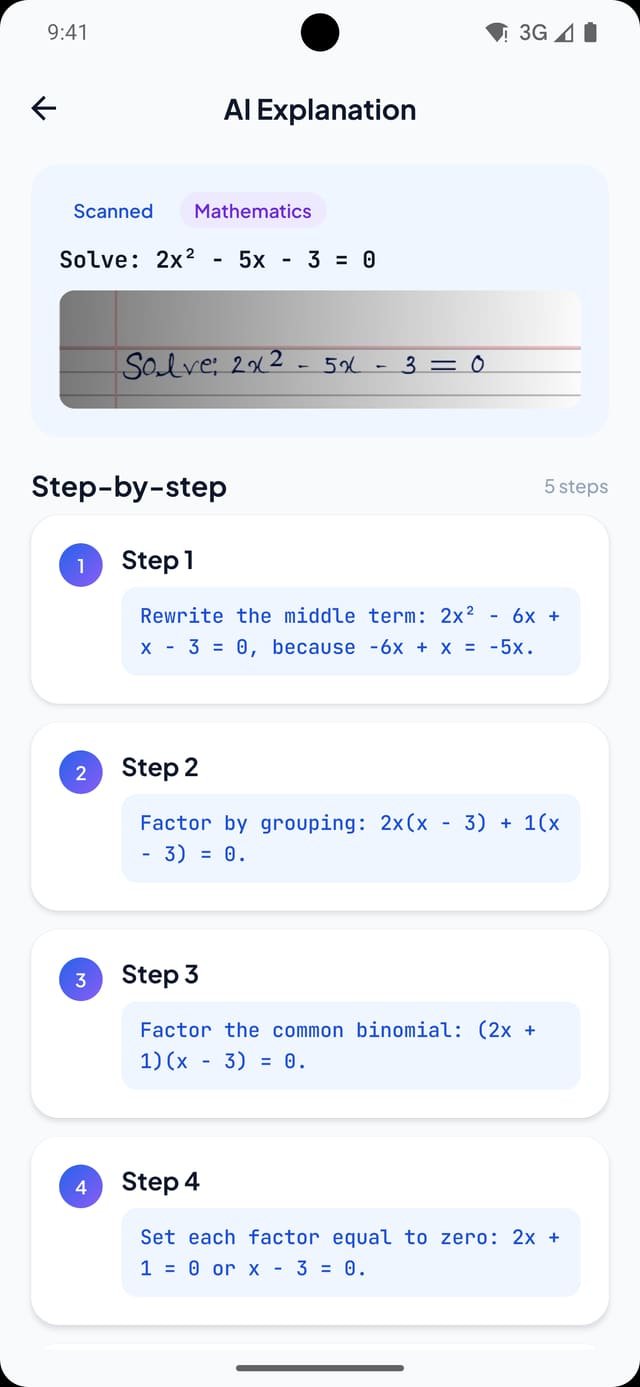 LearnSnap AI explanation screen showing a scanned quadratic equation broken into five numbered solving steps