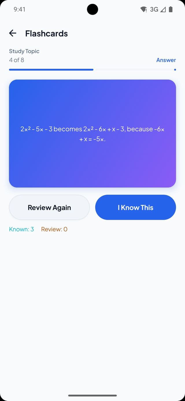 LearnSnap flashcard screen showing card four of eight with Review Again and I Know This actions, and a known-versus-review count