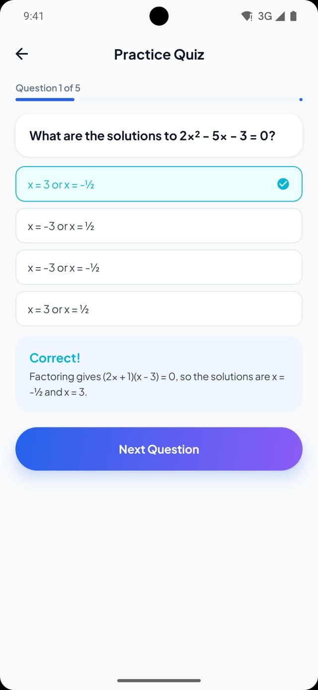 LearnSnap practice quiz showing a multiple-choice question, the selected correct answer, and a short explanation of the working