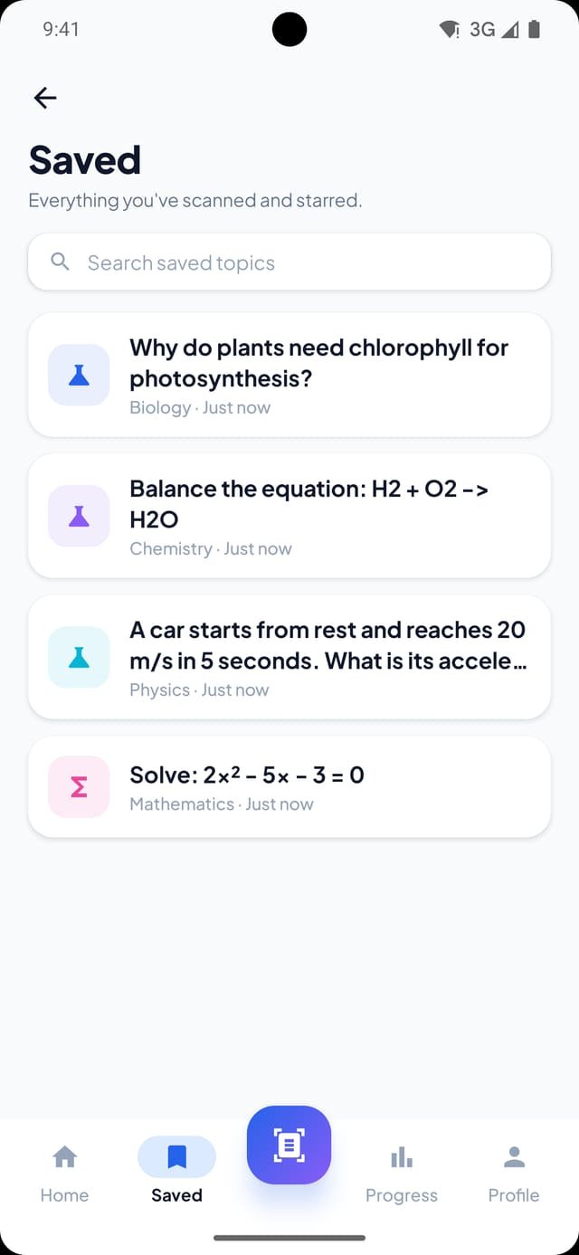 LearnSnap saved-topics list with searchable entries across Biology, Chemistry, Physics and Mathematics
