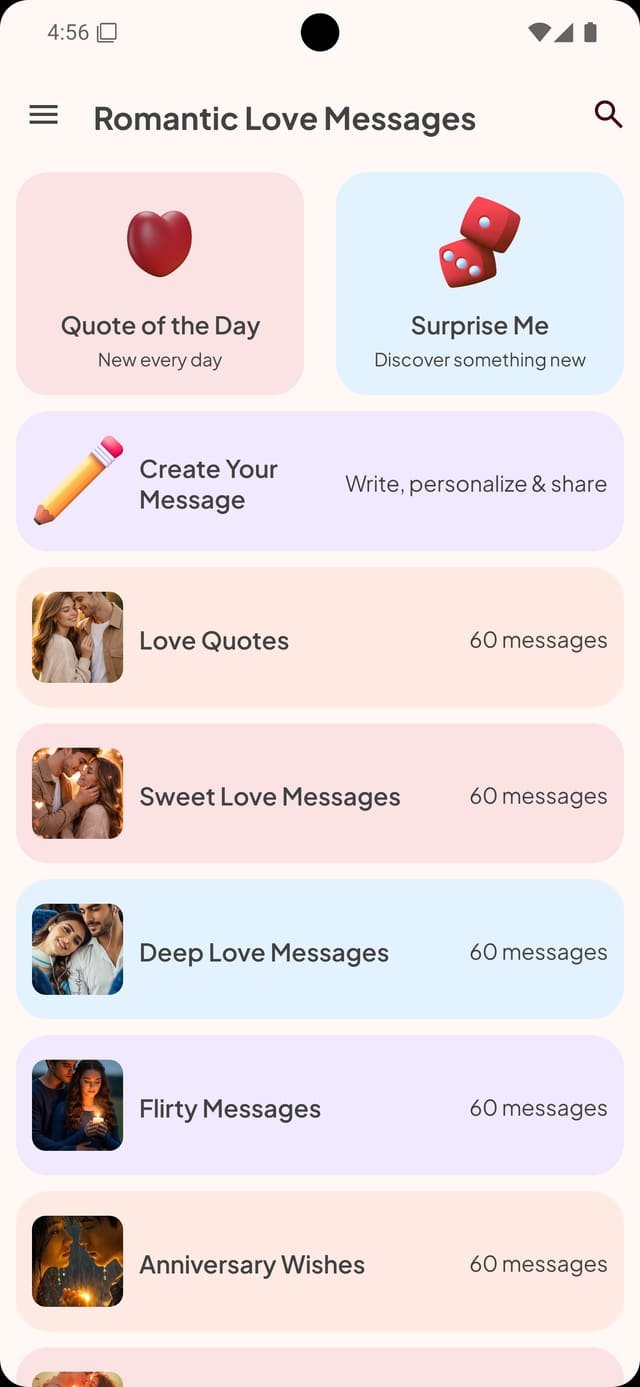 Romantic Love Messages home screen showing Quote of the Day and Surprise Me tiles, a Create Your Message entry, and message categories including Love Quotes, Sweet Love Messages, Deep Love Messages, Flirty Messages and Anniversary Wishes