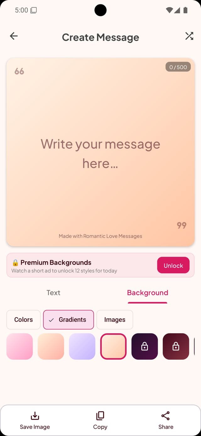 Create Message screen with a gradient background selected, a character counter, Text and Background tabs, Colours, Gradients and Images options with some styles locked, and Save Image, Copy and Share actions