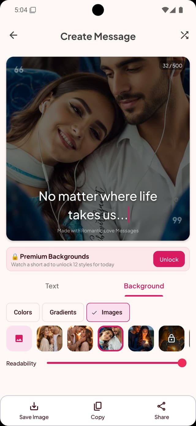 Create Message screen with a photo background, typed message text overlaid, a readability slider, and locked premium background styles