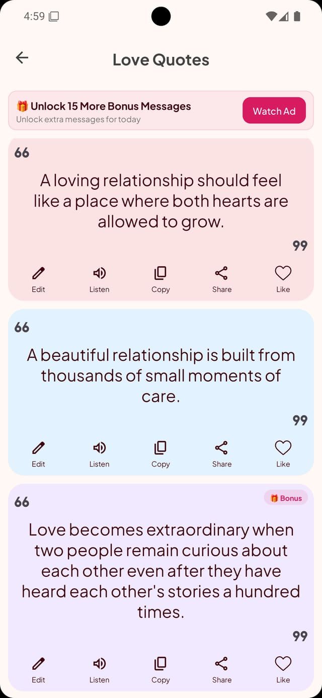 Love Quotes category screen showing message cards, each with Edit, Listen, Copy, Share and Like actions, above a banner offering to unlock more bonus messages by watching an ad